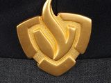 a black hat with a gold emblem on it