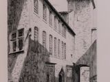 a black and white drawing of a building in a city