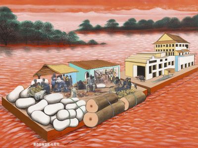 painting of a boat with people on it floating in a body of water