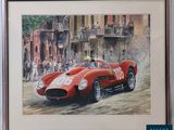 une peinture à l'huile représentant une voiture de course rouge devant une foule