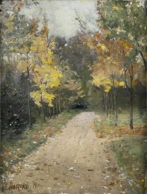 une image représentant un tableau d'un chemin de terre entouré d'arbres