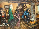 tableau représentant un groupe de personnes assises autour d'un feu dans une cabane