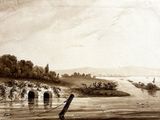 dessin représentant un bateau sur une rivière, avec un pont en arrière-plan
