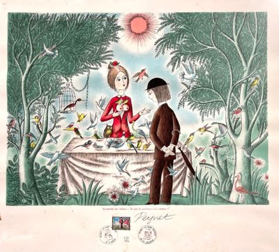 tableau représentant un homme et une femme assis à une table dans un jardin