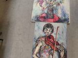 two paintings of a woman playing a violin and a vase of flowers