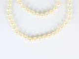 deux rangs de perles blanches avec des fermoirs dorés sur fond blanc
