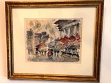 framed watercolor painting of a street scene with people walking down the street