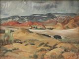 une image représentant un tableau représentant un paysage désertique avec des montagnes en arrière-plan