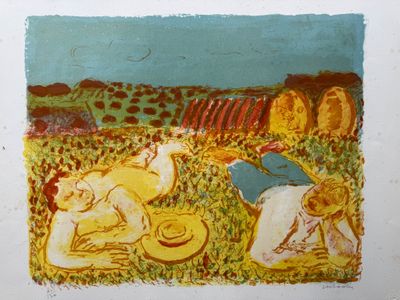 un tableau représentant deux personnes allongées dans un champ
