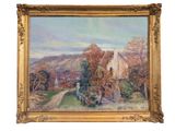an oil painting of a house on a hill with trees in the foreground