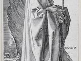 a black and white drawing of a man in a robe holding a sword