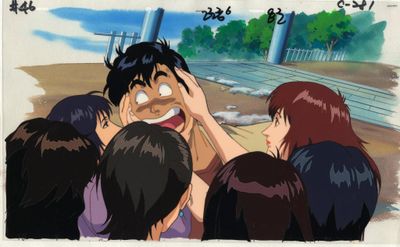 scène d'anime montrant un groupe de personnes regardant un homme qui a l'air surpris