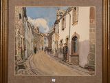 an oil painting of a street scene with people walking down the street