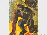 une image d'un timbre sur lequel figure la peinture d'un homme agenouillé par terre