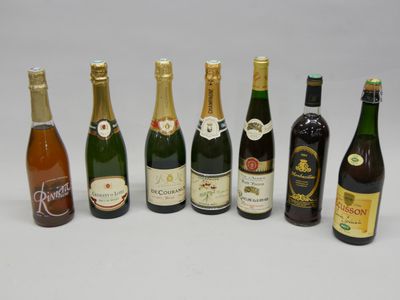 plusieurs bouteilles de vin sont alignées sur une surface blanche