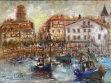 painting of boats in a harbor with buildings in the background