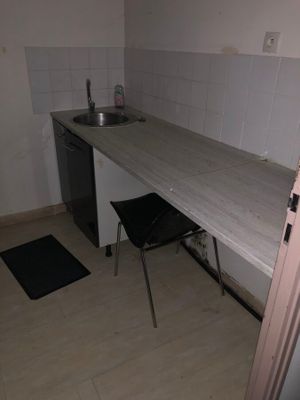 une petite cuisine équipée d'un évier et d'un plan de travail
