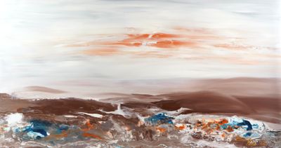 abstract painting of a beach scene with waves crashing in the foreground