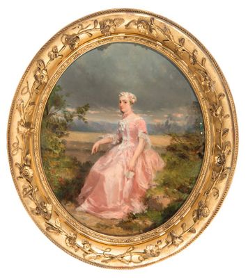 an oval painting of a woman in a pink dress sitting in a field