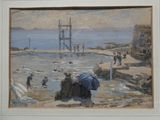 une peinture de personnes sur la plage au bord de l'eau