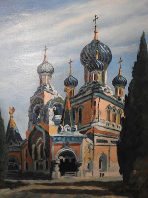 tableau représentant un tableau d'une église surmontée de dômes