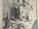 dessin représentant un homme et une femme assis à une table avec une bouteille de vin