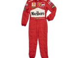 a close up of a red race suit on a white background