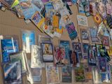 many different types of pokemon cards on the wall