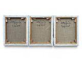 three framed pictures with writing on them are hanging on a wall