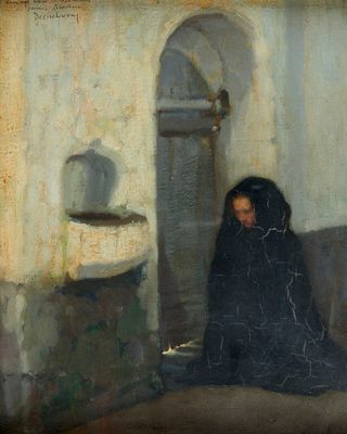 tableau représentant une femme en robe noire assise par terre