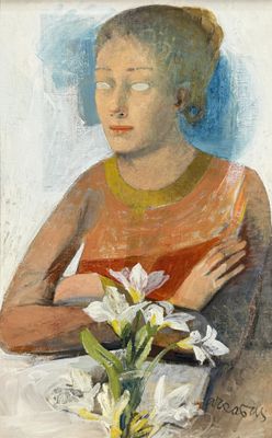 painting of a woman sitting at a table with a vase of flowers