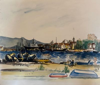 a watercolor painting of boats on the shore by the water