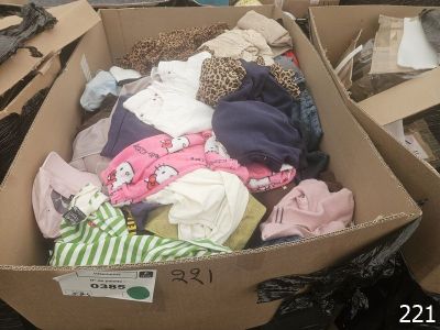 a cardboard box full of clothes on the ground