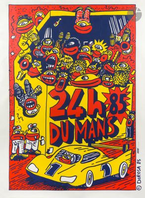 a poster of a car with a bunch of cartoon characters on it