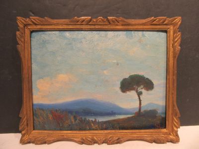 an oil painting of a lone tree on a hill with a lake in the background