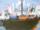 a painting of a boat in the water with other boats in the background