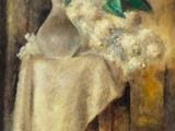 tableau représentant une nature morte avec un vase de fleurs et un linge posé sur une table