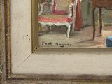 a painting of a woman sitting in a chair in a room