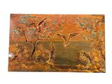 a painting of birds flying over a body of water
