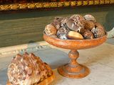 a bowl of shells sitting on a table next to a bowl of shells