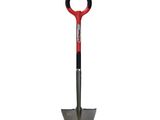 a close up of a red and black shovel on a white background