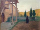 tableau représentant une femme debout devant un bâtiment dans une cour