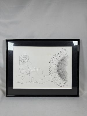 dessin représentant une femme et un tournesol dans un cadre noir sur fond blanc