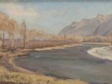 painting of a painting of a river with mountains in the background