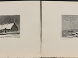 two pages of a book with a picture of a house in the snow