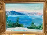 an oil painting of a view of the ocean with a mountain in the distance