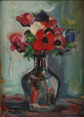 une peinture à l'huile représentant un vase avec des fleurs sur une table