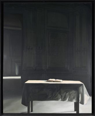 an image of a painting of a table in a dark room