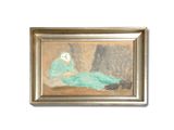 tableau représentant une femme en robe bleue assise sur un canapé