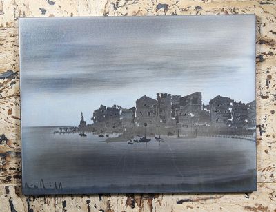 a picture of a painting of a castle on the water